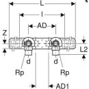 Geberit Anschlusswinkel FlowFit 90G zwei L 52mm DN12 16mm Rp 1/2 mont.